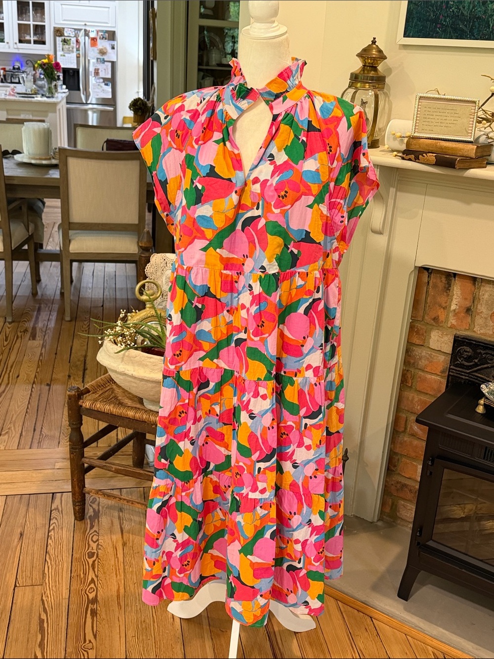 AVARA Floral Midi Dress in Pink, Blue & Orange